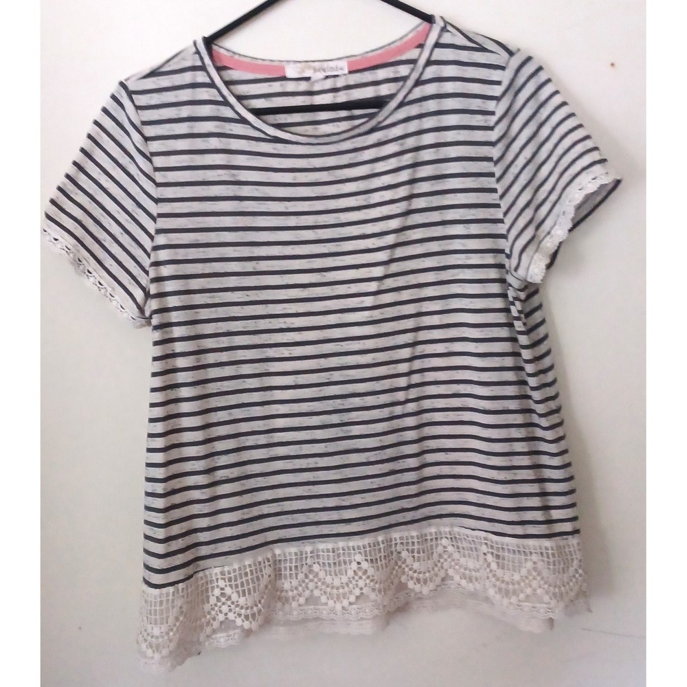 Rewind Women XL Striped Crochet Lace Hem T-Shirt Black White NK8049